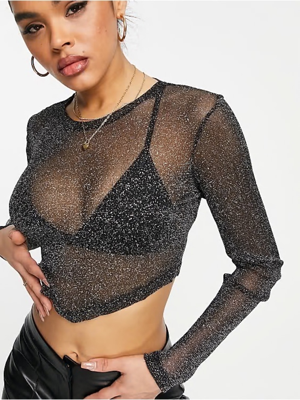 ASOS DESIGN Black Glitter Sheer Mesh Scarf Hem Crop Top Festival Sparkly
